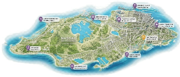 Map of Nassau, New Providence, Bahamas - LC Transpo service areas